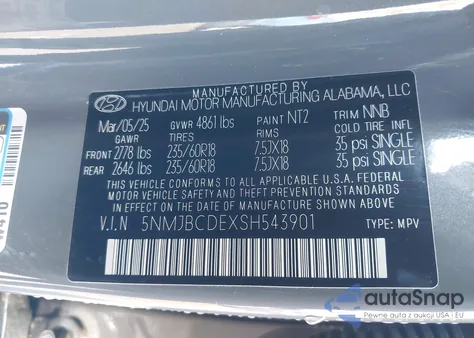 2025 Hyundai Tucson Sel z USA, uszkodzony, nr VIN 5NMJBCDEXSH543901